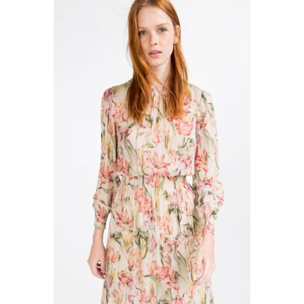 Zara Woman Floral Midi Dress XS Pink Green Long Sleeve Smocked Waist Boho Spring